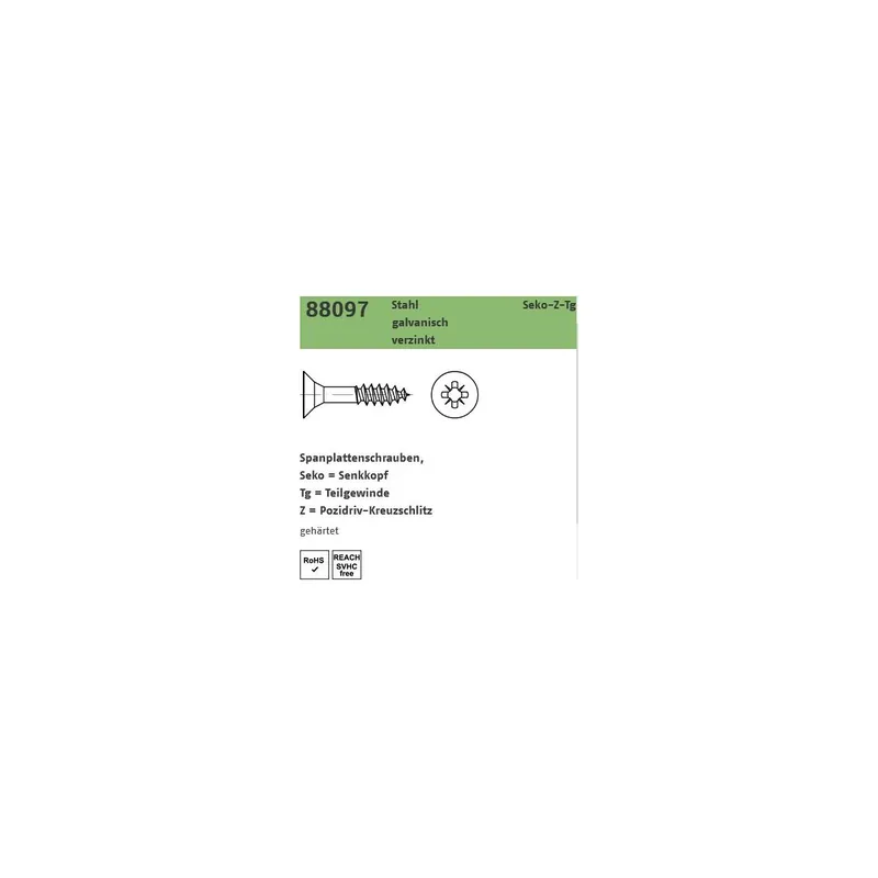 Artikel 89097 Stahl CE Seko-Z-Tg galvanisch verzinkt Spanplattenschrauben, Senkkopf, Pozidriv-Kreuzschlitz, Teilgewinde - Abmessung 5 x 55/33 -Z (500 Stück) Sofort Bestellen