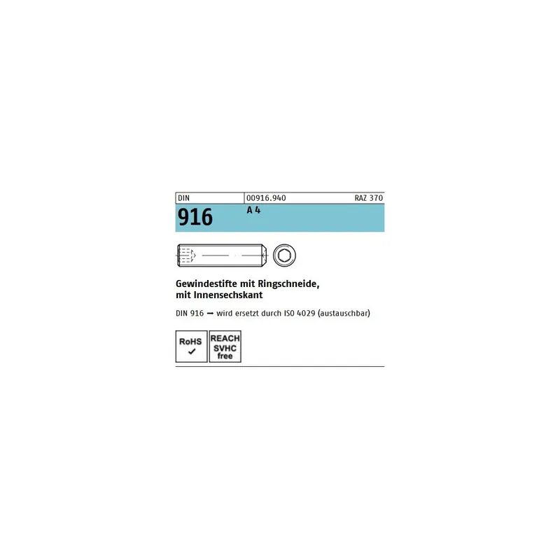 DIN 916 - Gewindestift A4 / Abmessung M6 x 6 // 200 Stück Markenware