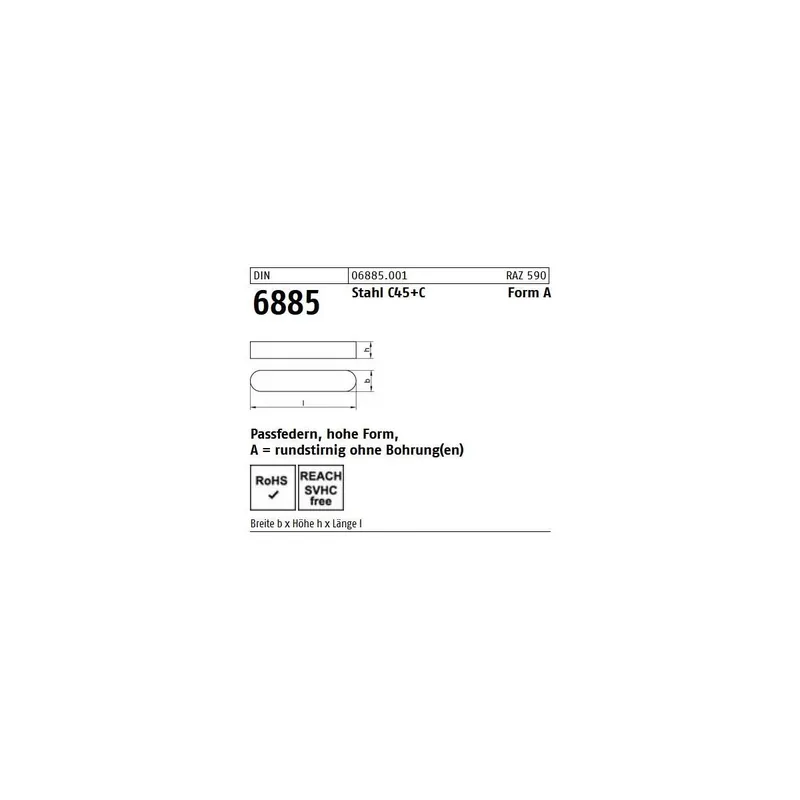 Passfeder DIN 6885 - 20x220 - rundstirnig ohne Bohrung - Stahl C45 - 10 Stück Ausverkauf