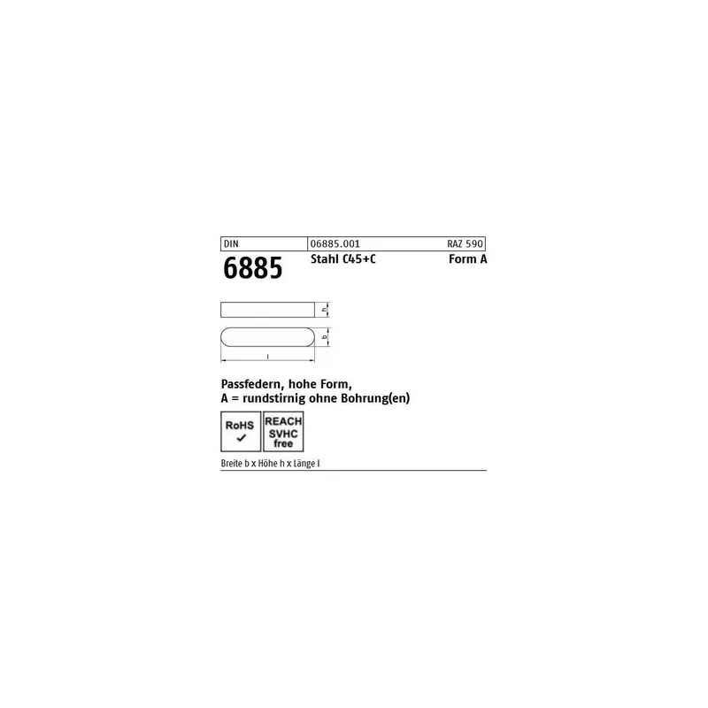 Abverkauf Passfeder DIN 6885 - 6x80 - rundstirnig ohne Bohrung - Stahl C45 - 50 Stück