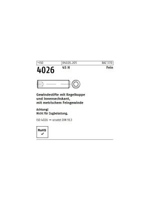 ~ISO 4026 45 H Fein Gewindestifte mit Kegelkuppe und Innensechskant, mit metr. Feingewinde - Abmessung M 6 x 0,75 x 6 (1000 Stück) Nur Für Kurze Zeit