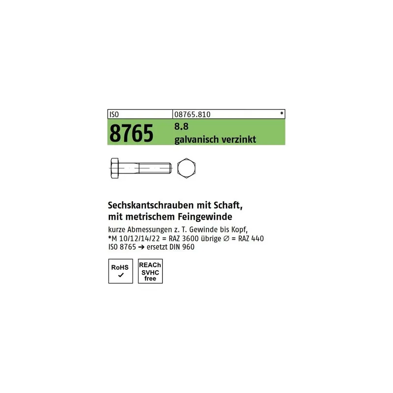 Aktuell ISO 8765 8.8 galvanisch verzinkt Sechskantschrauben mit Schaft, mit metrischem Feingewinde - Abmessung M 12x1,25 x90 (50 Stück)