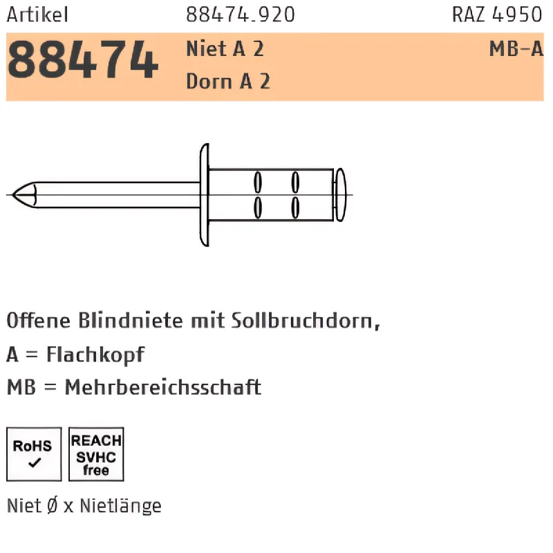 Nur Für Kurze Zeit Mehrbereichsblindniete A2 / A2 - 4x17 mit Flachkopf und Sollbruchdorn - offen - 500 Stück