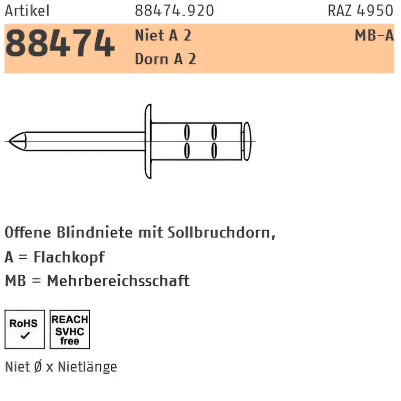 Garantierte Lieferung Mehrbereichsblindniete A2 / A2 - 6,4x15 mit Flachkopf und Sollbruchdorn - offen - 250 Stück