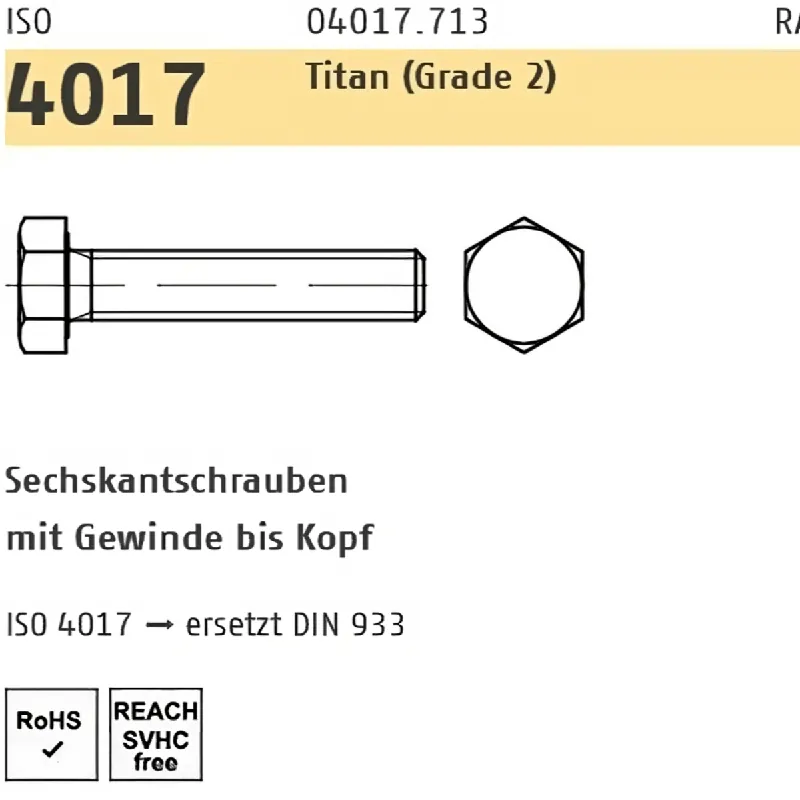 ISO 4017 Sechskantschraube mit Vollgewinde - Titan (Grade 2) 5x20 - 50 Stück Preisreduziert