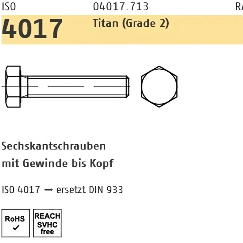 Solange Der Vorrat Reicht ISO 4017 Sechskantschraube mit Vollgewinde - Titan (Grade 2) 8x20 - 50 Stück