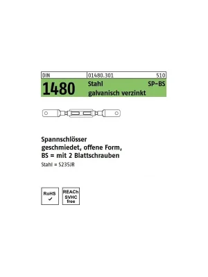 Neue Kollektion DIN 1480 Stahl SP-BS-S galvanisch verzinkt, CE Spannschlösser geschmiedet, offene Form, mit 2 Blattschrauben schwere Ausführung - Abmessung SP BS-S M 27 (1 Stück)