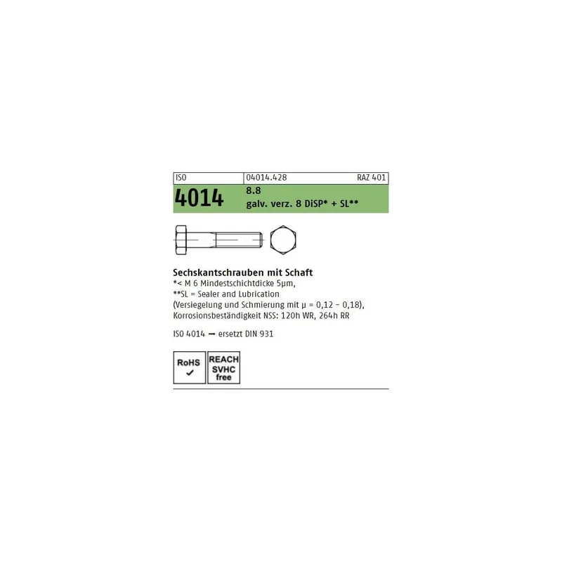 Abverkauf Sechskantschrauben ISO 4014 - M12x120 - Sechskantkopf - Teilgewinde - verzinkt 8.8 DiSP+SL - 50 Stück