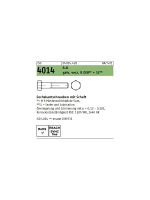 Abverkauf ISO 4014 8.8 galv. verz. 8 DiSP + SL Sechskantschrauben mit Schaft - Abmessung M 16 x 230 (25 Stück)