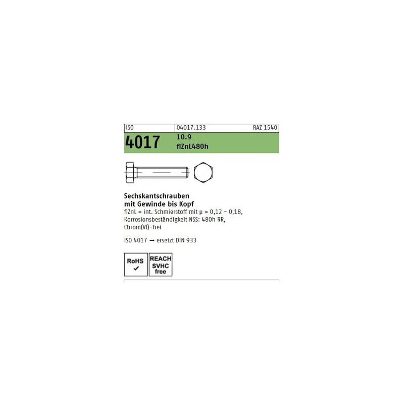 Echt ISO 4017 10.9 flZnL 480h (zinklamellenbesch.) Sechskantschrauben mit Gewinde bis Kopf - Abmessung M 12 x 130 (50 Stück)