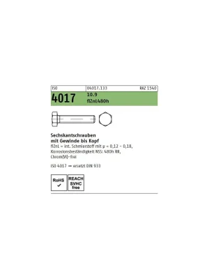 Abverkauf ISO 4017 10.9 flZnL 480h (zinklamellenbesch.) Sechskantschrauben mit Gewinde bis Kopf - Abmessung M 16 x 30 (50 Stück)