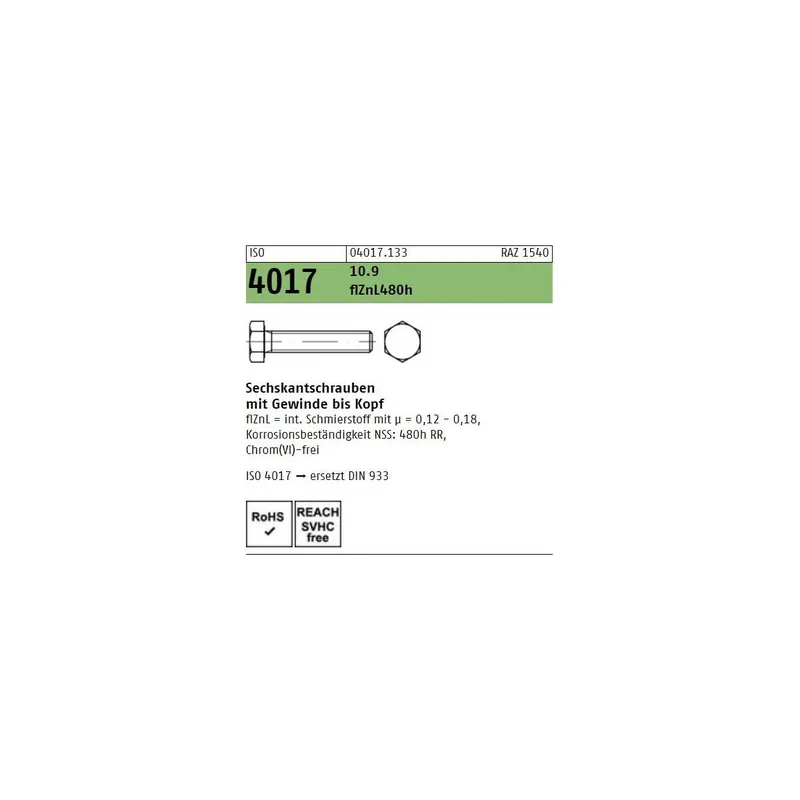 Abverkauf ISO 4017 10.9 flZnL 480h (zinklamellenbesch.) Sechskantschrauben mit Gewinde bis Kopf - Abmessung M 16 x 30 (50 Stück)
