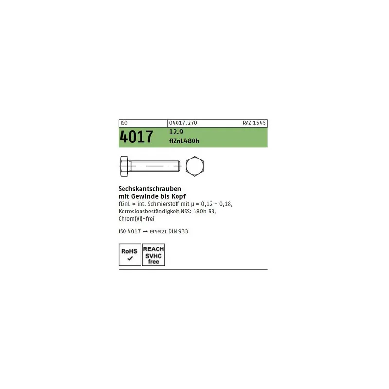 Sechskantschrauben ISO 4017 - M10x20 - Sechskantkopf - Vollgewinde - Zinklamelle 10.9 480h - 200 Stück Bestpreis