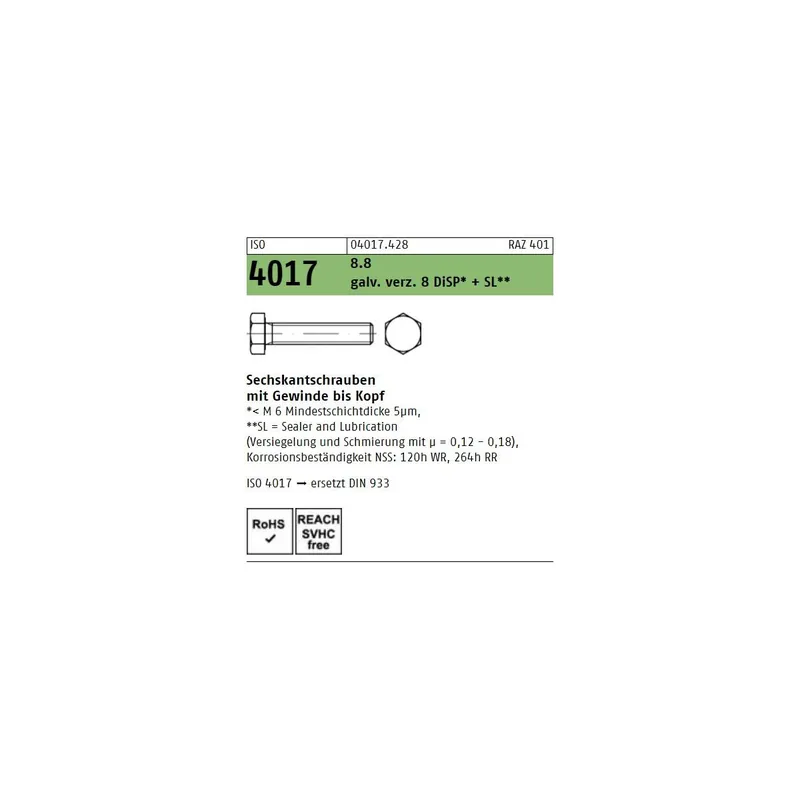 ISO 4017 8.8 galv. verz. 8 DiSP + SL Sechskantschrauben mit Gewinde bis Kopf - Abmessung M 12 x 220 (25 Stück) Direktkauf
