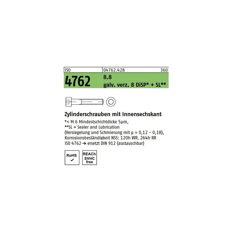 Letzte Chance ISO 4762 8.8 galv. verz. 8 DiSP + SL Zylinderschrauben mit Innensechskant - Abmessung M 5 x 55 (200 Stück)