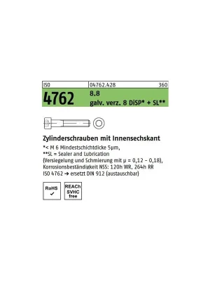 Abverkauf ISO 4762 8.8 galv. verz. 8 DiSP + SL Zylinderschrauben mit Innensechskant - Abmessung M 12 x 70 (50 Stück)