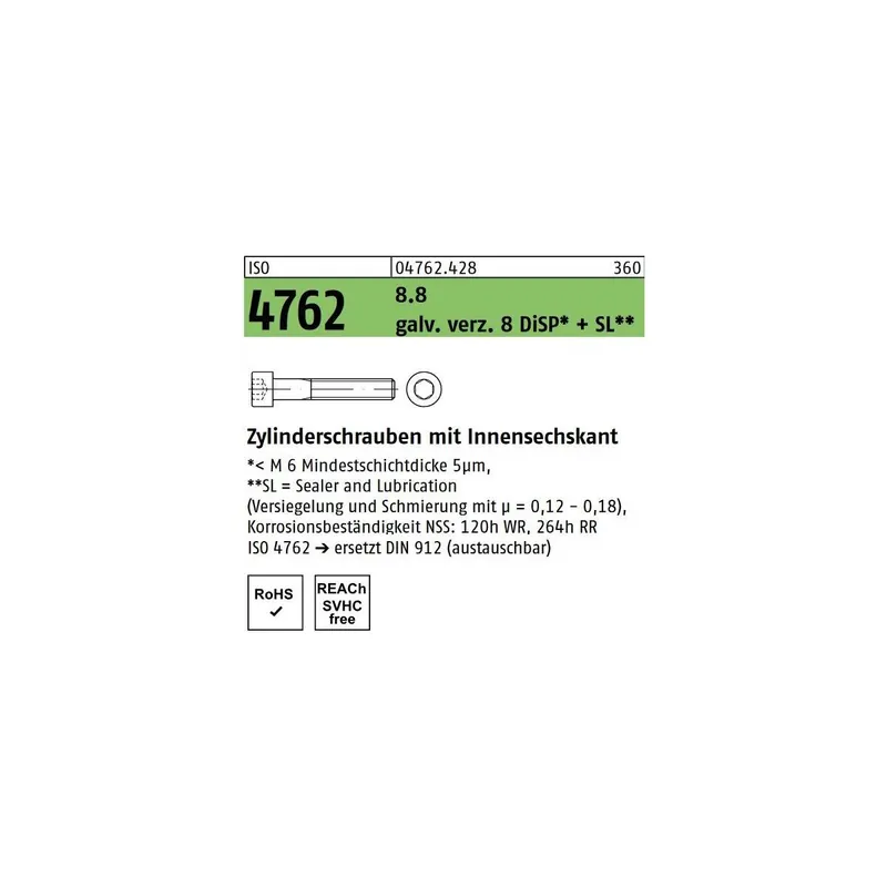 Abverkauf ISO 4762 8.8 galv. verz. 8 DiSP + SL Zylinderschrauben mit Innensechskant - Abmessung M 12 x 70 (50 Stück)