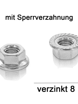Abverkauf Flanschmuttern DIN 6923 - M8 - mit Sperrverzahnung - verzinkt - Stahl 8 - 1000 Stück