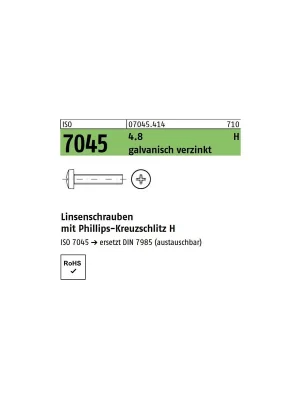 Abverkauf ISO 7045 Linsenkopfschraube - verzinkt 4.8 - PH - M4x85 - 500 Stück