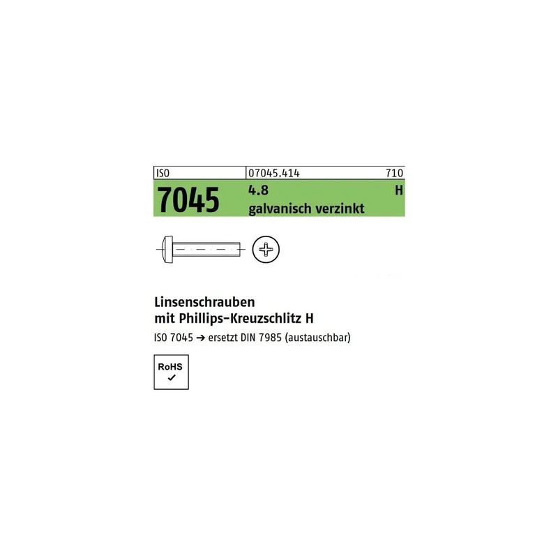 Abverkauf ISO 7045 Linsenkopfschraube - verzinkt 4.8 - PH - M5x25 - 200 Stück