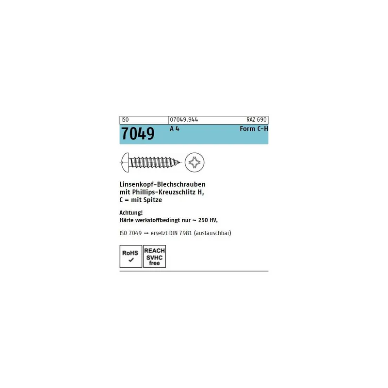 ISO 7049 Linsenkopf - Blechschraube A4 - PH - C - M2,2x4,5 - 1000 Stück Solange Der Vorrat Reicht