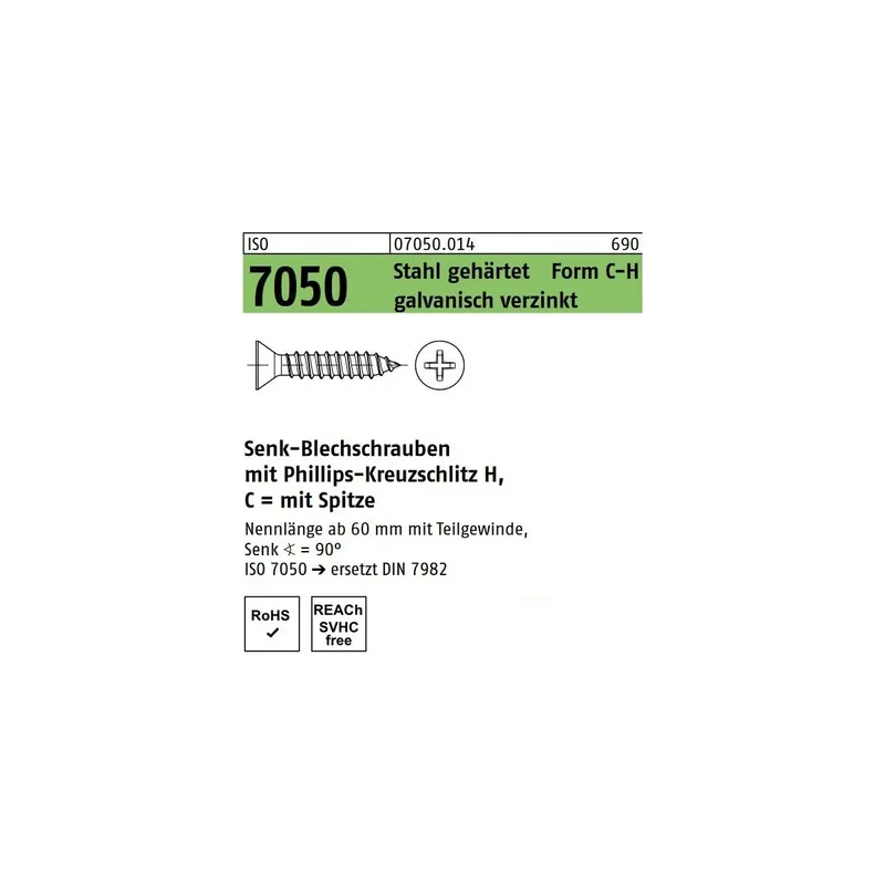 Knallerangebot ISO 7050 Stahl, geh. Form C-H galvanisch verzinkt Senk-Blechschrauben mit Spitze, mit Phillips-Kreuzschlitz H - Abmessung 2,9 x 22 -C-H (2000 Stück)