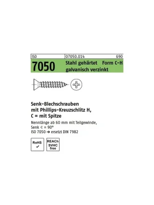 Abverkauf ISO 7050 Stahl, geh. Form C-H galvanisch verzinkt Senk-Blechschrauben mit Spitze, mit Phillips-Kreuzschlitz H - Abmessung 4,2 x 50 -C-H (500 Stück)