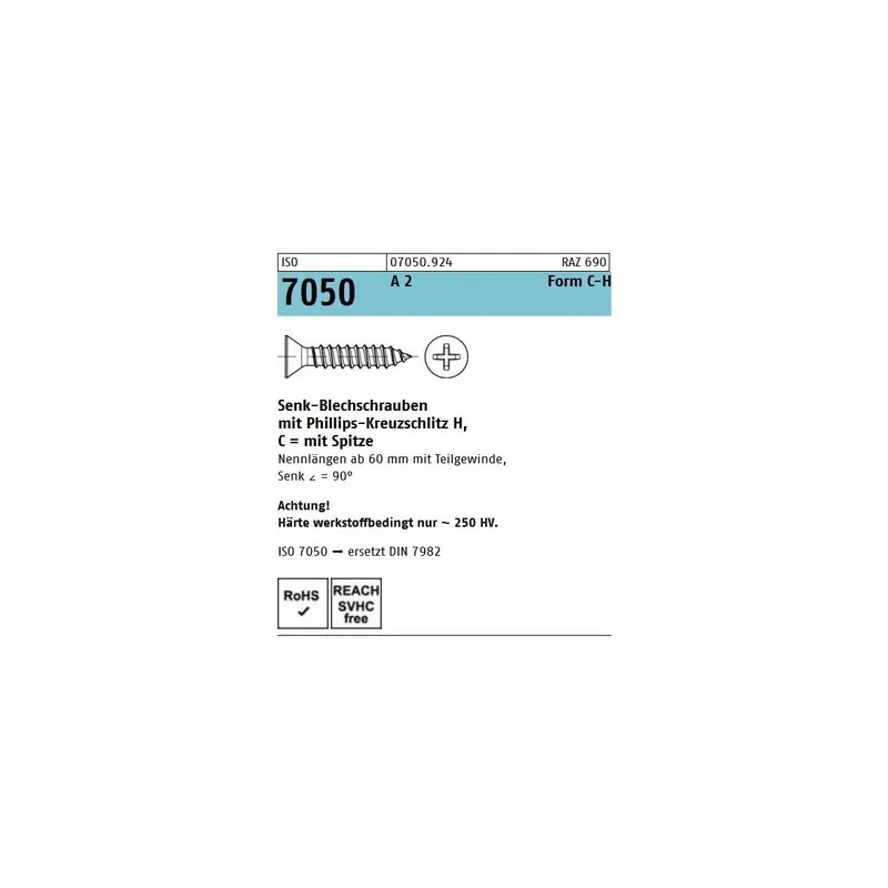 Abverkauf Blechschrauben DIN 7982 ISO 7050 - 4,8x55 - Senkkopf - Form C - PH - A2 - 250 Stück