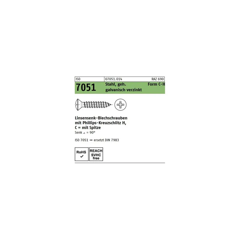 ISO 7051 Stahl, geh. Form C-H galvanisch verzinkt Linsensenk-Blechschrauben mit Spitze, mit Phillips-Kreuzschlitz H - Abmessung 4,2x 38 -C-H (500 Stück) Neue Ware