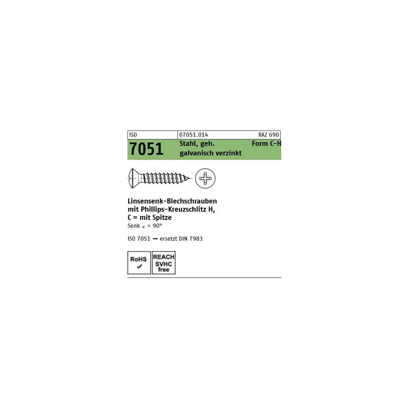 Günstig ISO 7051 Stahl, geh. Form C-H galvanisch verzinkt Linsensenk-Blechschrauben mit Spitze, mit Phillips-Kreuzschlitz H - Abmessung 5,5x 22 -C-H (500 Stück)