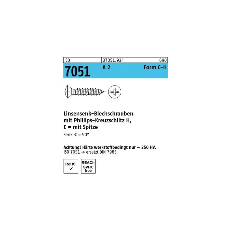 Ausverkauf ISO 7051 A 2 Form C-H Linsensenk-Blechschrauben mit Spitze, mit Phillips-Kreuzschlitz H - Abmessung 6,3 x 45 -C-H (250 Stück)