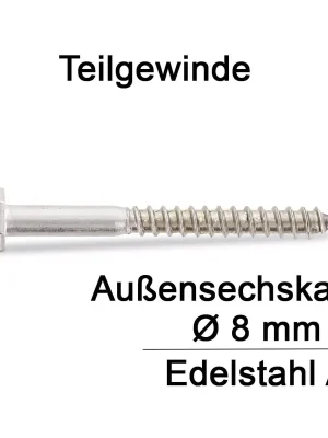 Ausverkauf DIN 571 Sechskant - Holzschraube A4 - 8x75 - 100 Stück