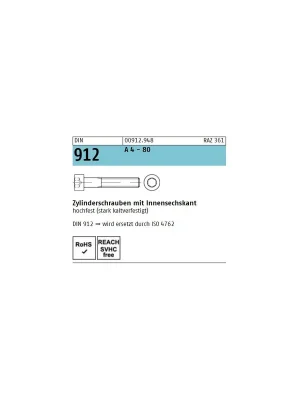 Abverkauf DIN 912 - Zylinderschraube A4-80 - M12x65 - 50 Stück