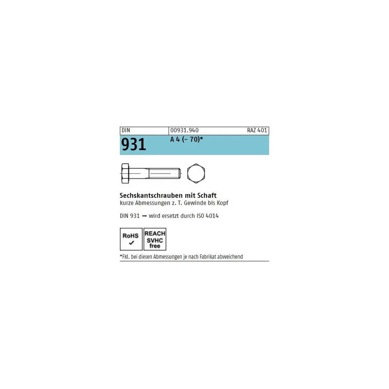 Abverkauf DIN 931 Sechskantschraube A4 - TG - M24x90 - 10 Stück