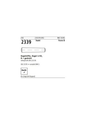 Abverkauf ISO 2339 Stahl Form B Kegelstifte, Kegel 1 50, gedreht - Abmessung B 8 x 32 (50 Stück)