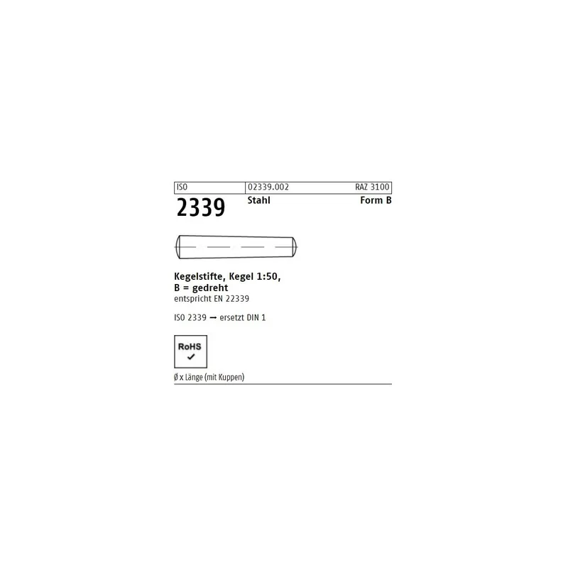 Abverkauf ISO 2339 Stahl Form B Kegelstifte, Kegel 1 50, gedreht - Abmessung B 8 x 32 (50 Stück)