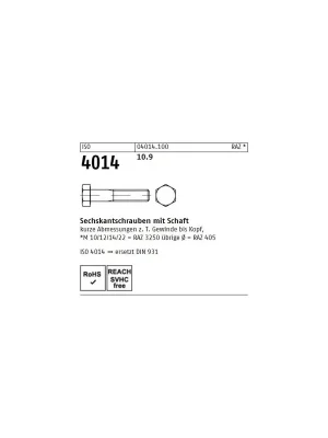 Abverkauf Sechskantschrauben ISO 4014 - M12x140 - Sechskantkopf - Teilgewinde - Stahl 10.9 - 50 Stück