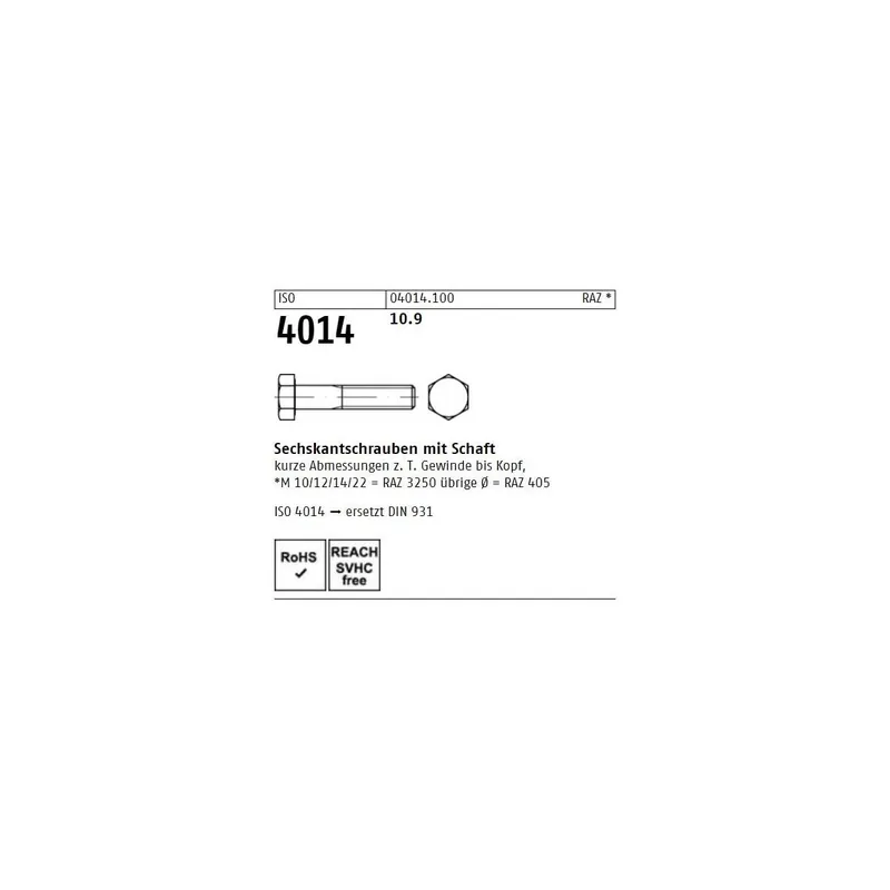 Abverkauf Sechskantschrauben ISO 4014 - M12x140 - Sechskantkopf - Teilgewinde - Stahl 10.9 - 50 Stück