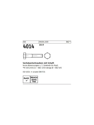 Abverkauf ISO 4014 10.9 Sechskantschrauben mit Schaft - Abmessung M 14 x 70 (50 Stück)