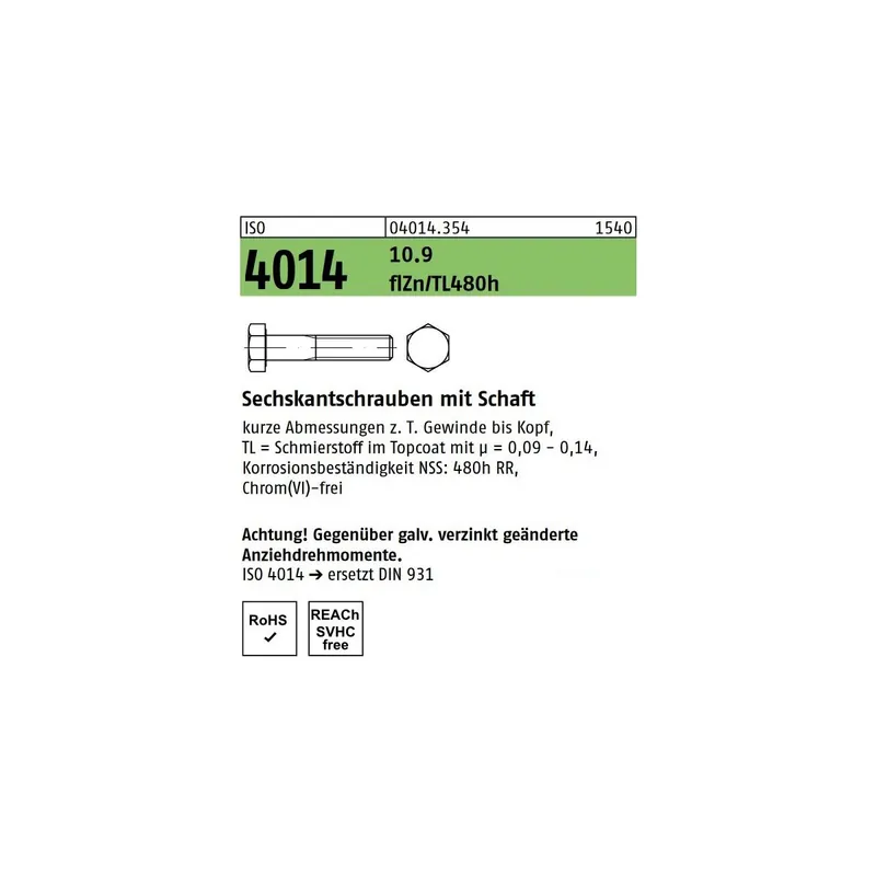 Ausverkauf Sechskantschrauben ISO 4014 - M8x75 - Sechskantkopf - Teilgewinde - Zinklamelle 10.9 - 200 Stück