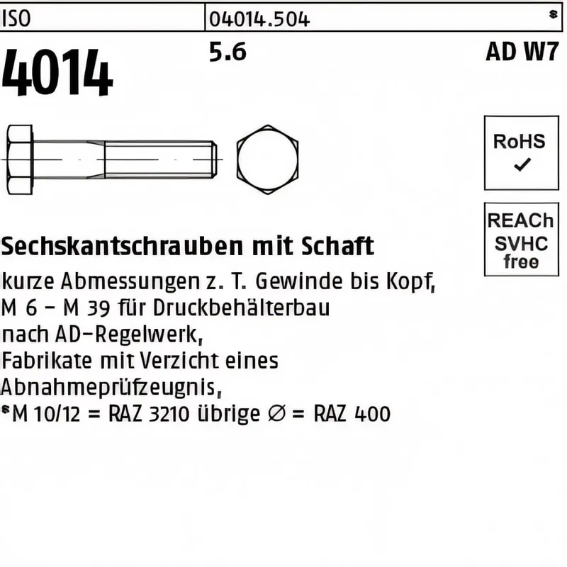Neue Ware ISO 4014 6KT-Schrauben Stahl 5.6 M36x170, ADW7 1St.