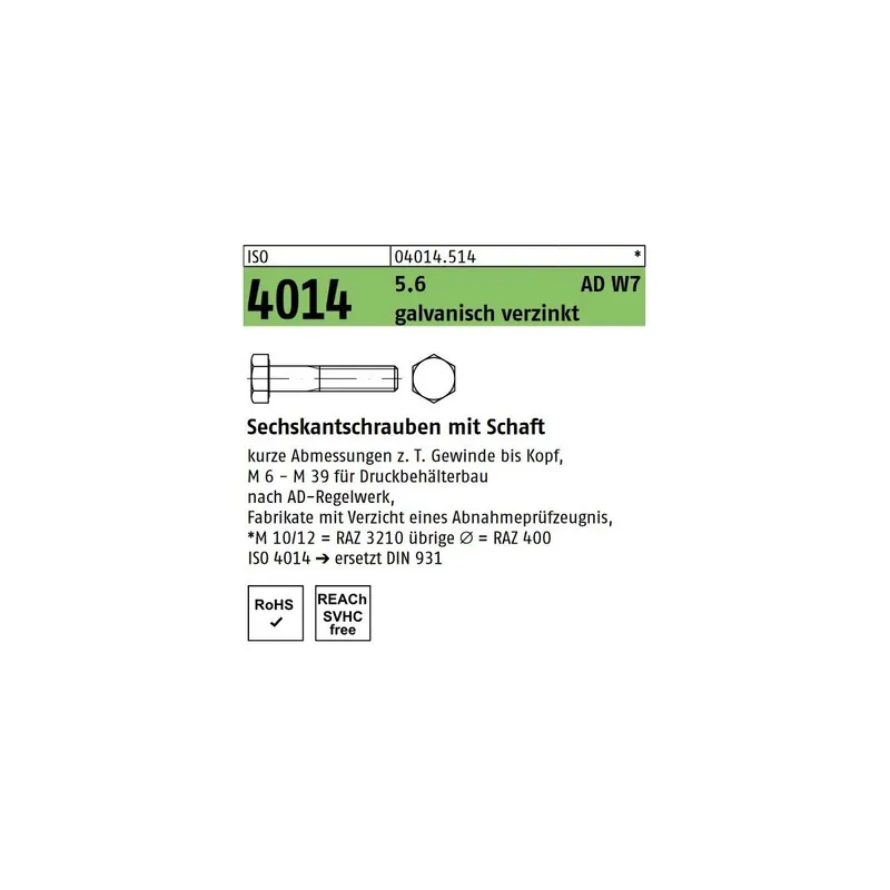 Sechskantschrauben ISO 4014 - M12x110 - Sechskantkopf - Teilgewinde - verzinkt 5.6 ADW7 - 50 Stück Echt