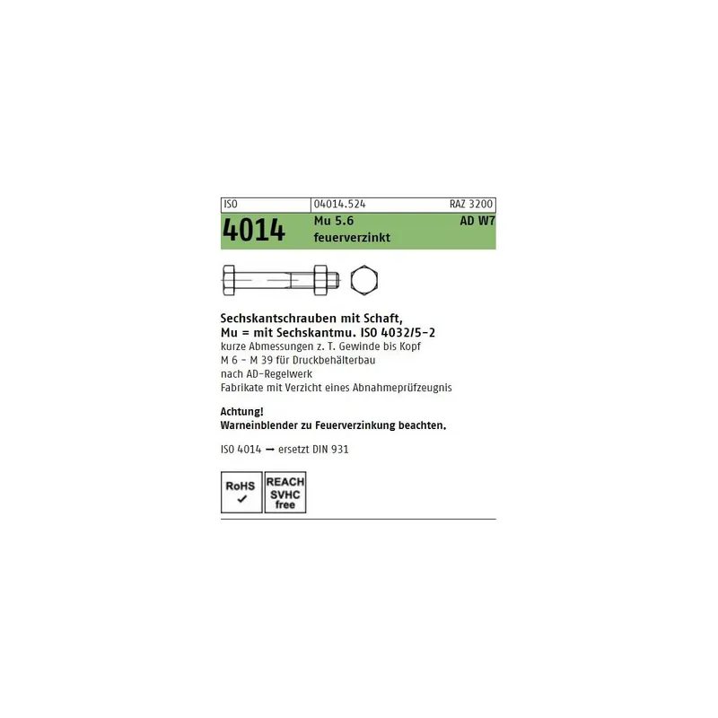 ISO 4014 6KT-Schrauben Stahl 5.6 feuerverzinkt M20x170, ADW7 10St. Super-Preis