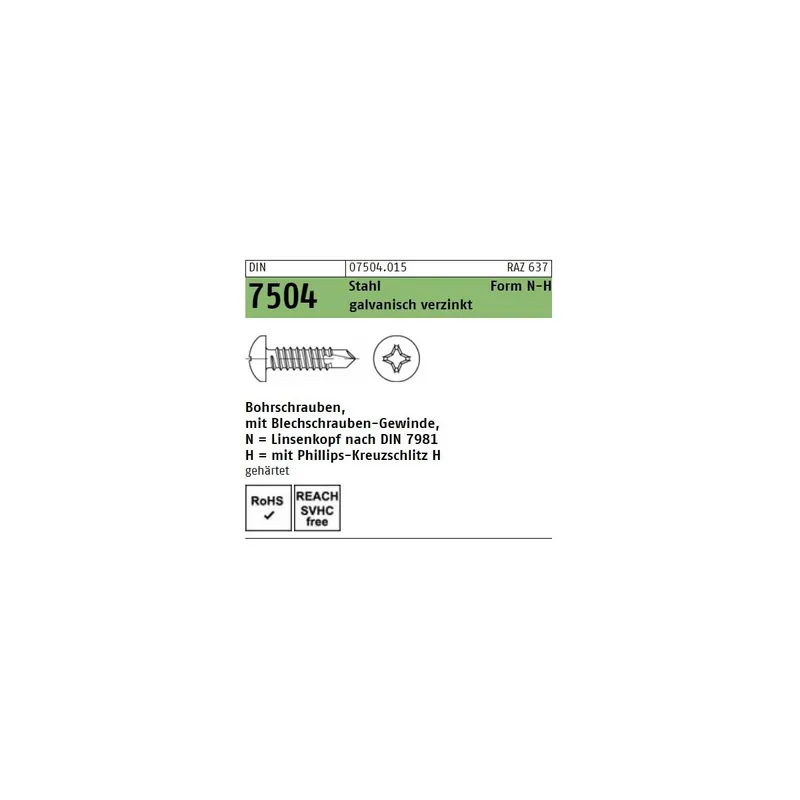 Echt DIN 7504 Bohrschraube - Form N - verzinkt - PH - 2,9x16 - 1000 Stück