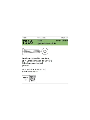 ~DIN 7516 Stahl Form DE-ISR galvanisch verzinkt Gewinde-Schneidschrauben mit Senkkopf nach ISO 7046-1, ISR - Abmessung DE M 6 x 30 -T30 (500 Stück) Nur Heute