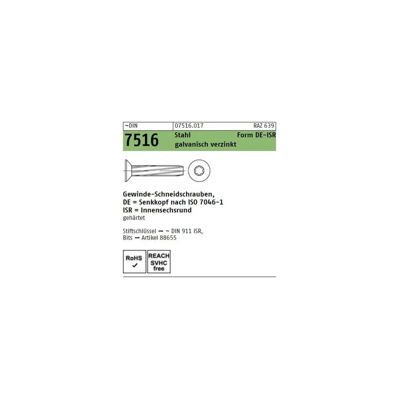 ~DIN 7516 Stahl Form DE-ISR galvanisch verzinkt Gewinde-Schneidschrauben mit Senkkopf nach ISO 7046-1, ISR - Abmessung DE M 6 x 30 -T30 (500 Stück) Nur Heute
