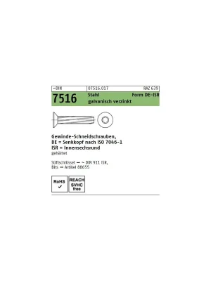 ~DIN 7516 Stahl Form DE-ISR galvanisch verzinkt Gewinde-Schneidschrauben mit Senkkopf nach ISO 7046-1, ISR - Abmessung DE M 6 x 25 -T30 (500 Stück) Versand Am Gleichen Tag
