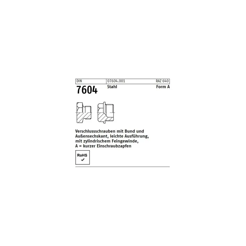 Neue Ware DIN 7604 Verschlussschrauben Form A Stahl 10x1, Feingewinde 100St.