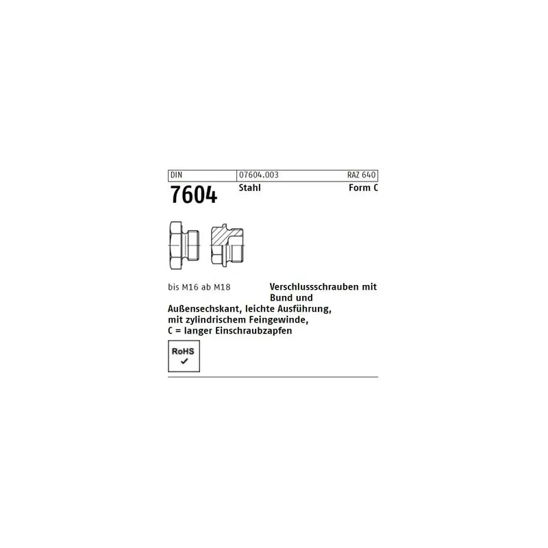 Nur Heute DIN 7604 Verschlussschrauben Form C Stahl 38x1,5, Feingewinde 10St.