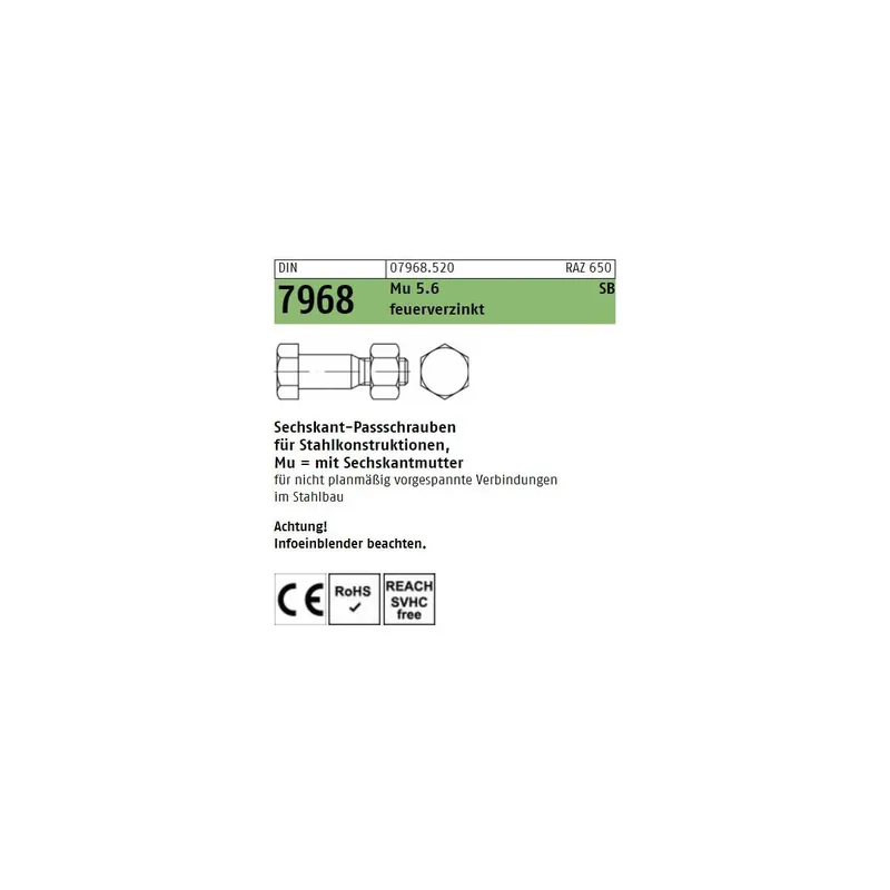 Neuheit DIN 7968 Mu 5.6 SB feuerverzinkt Sechskant-Passschrauben für Stahlkonstruktionen, mit Sechskantmu. - Abmessung M 12 x 80 (50 Stück)